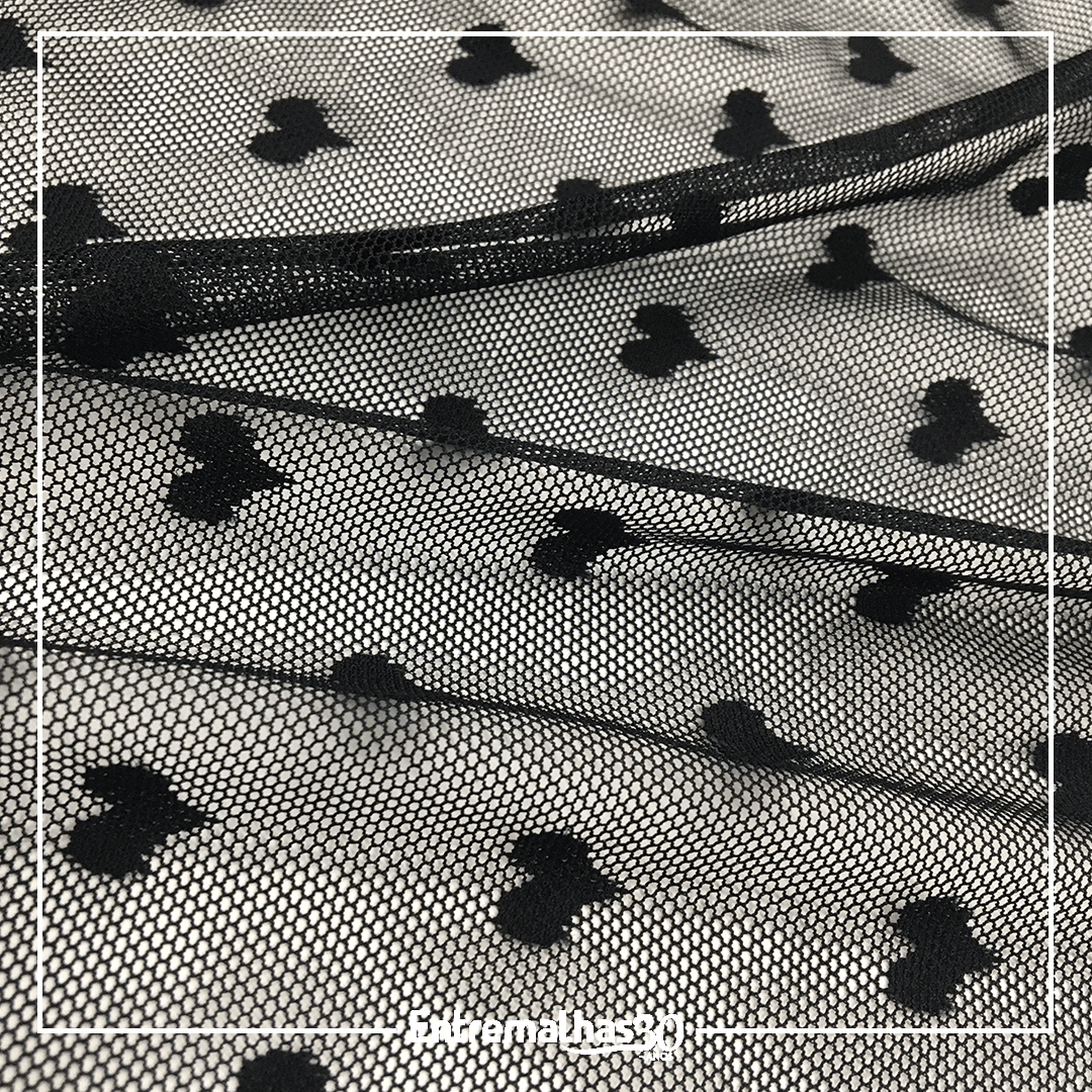 Malha Tule Nylon Coração - Preto Ref.:320302