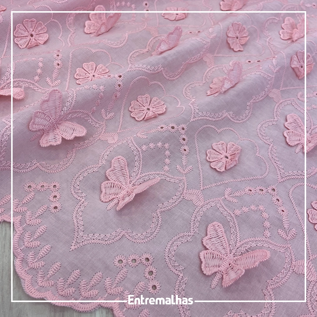 Tecido Cotton Embrodery 3D - Rosa
