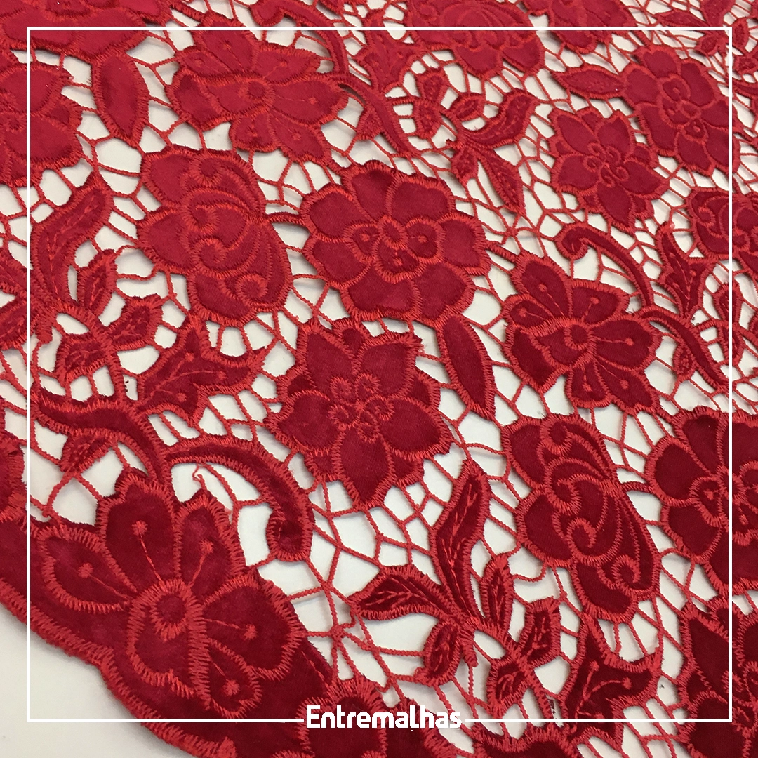 Tecido Renda Veludo Richelieu - Vermelho