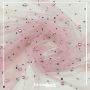 Tecido Tule Com Pérola - Rosa