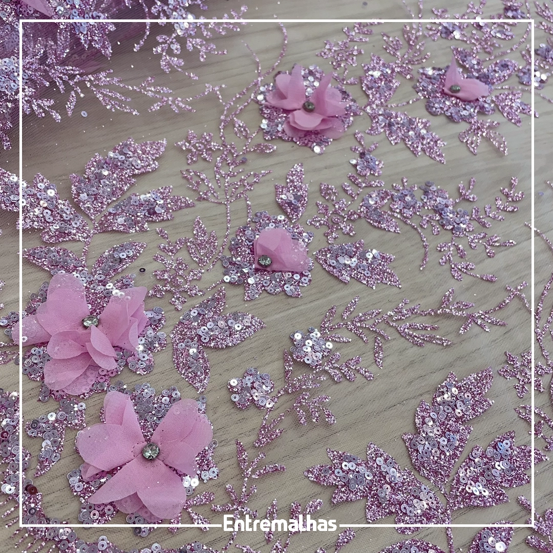 Tecido Renda 3D Glitter - Rosa Ref.:814233