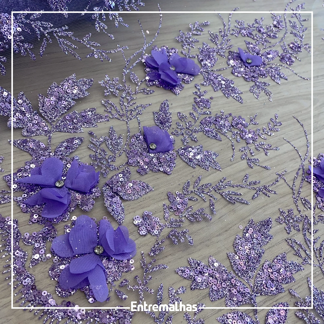 Tecido Renda 3D Glitter - Lilás Ref.:814233