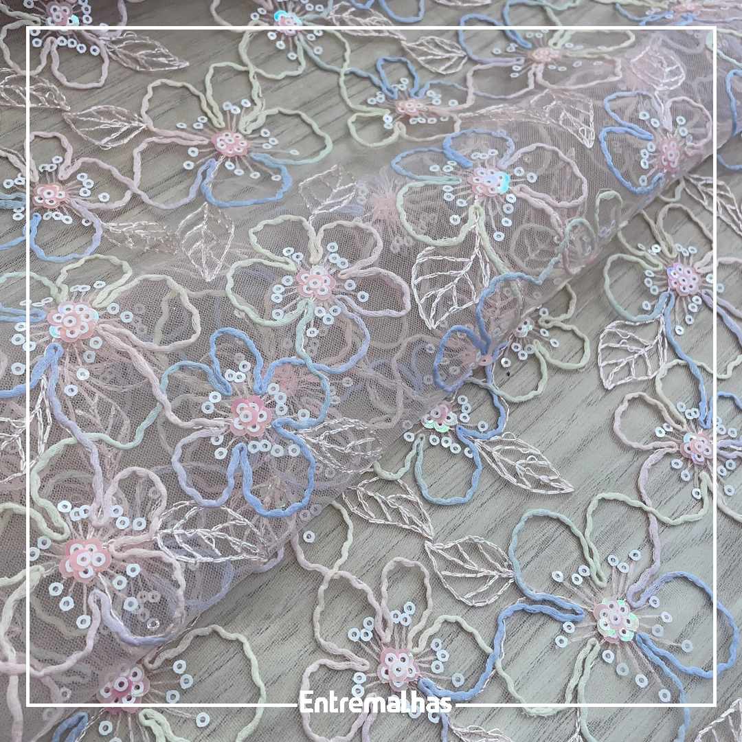 Renda Bordado Paetê Flor Color Ref.:814236