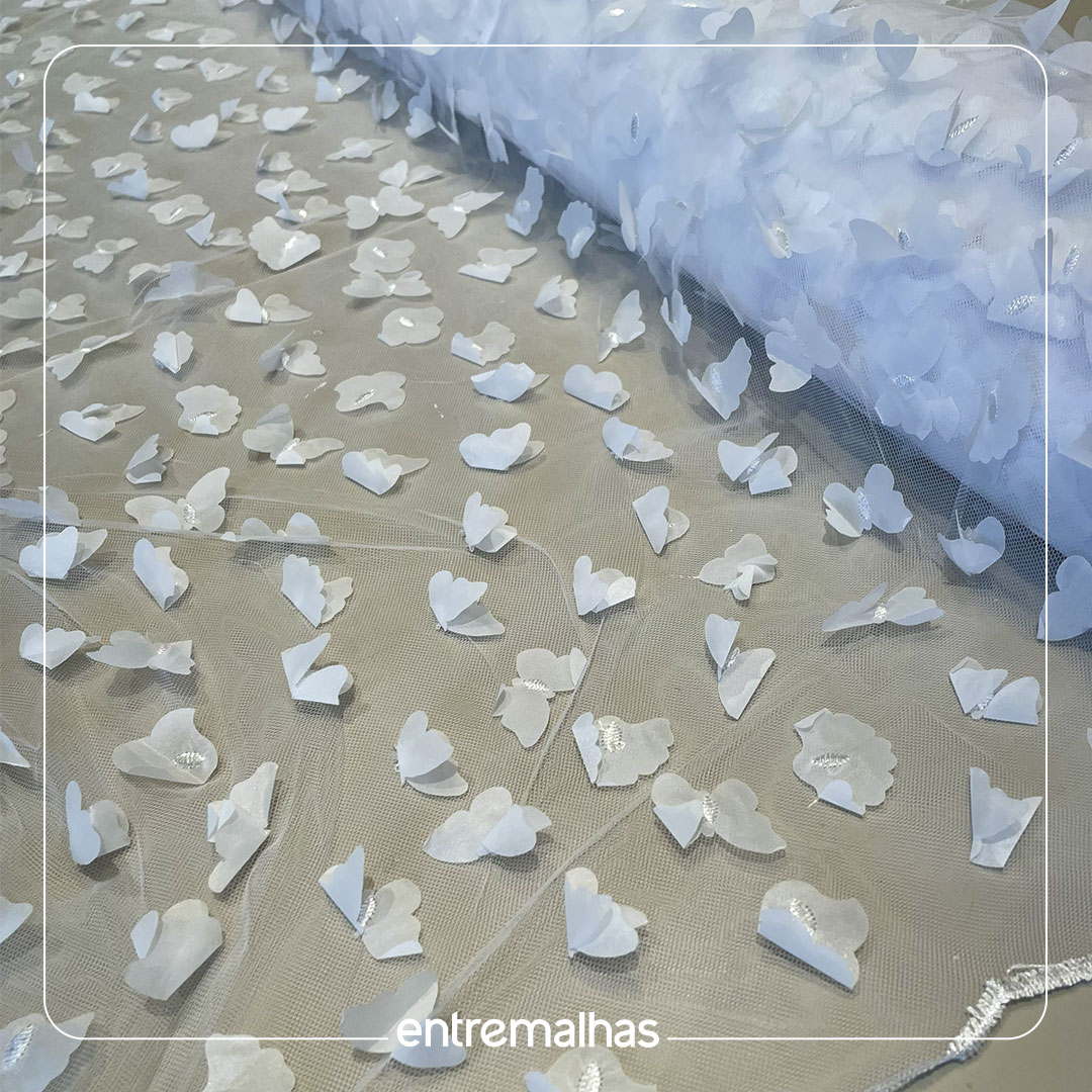 Tecido Renda Tule Branco 3D - Ref.: 814035