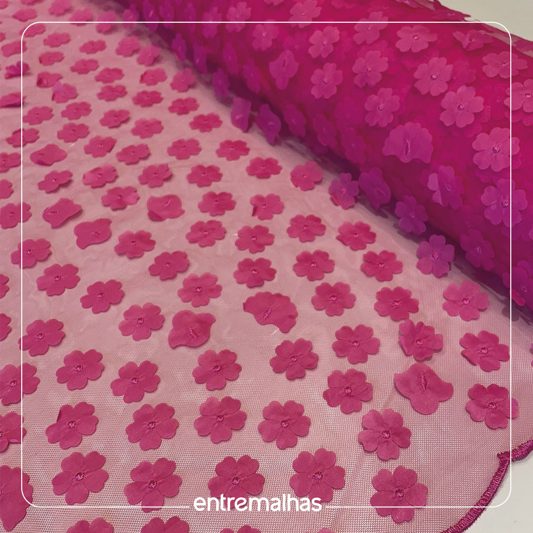 Tecido Renda Tule Rosa3D - Ref.: 814035