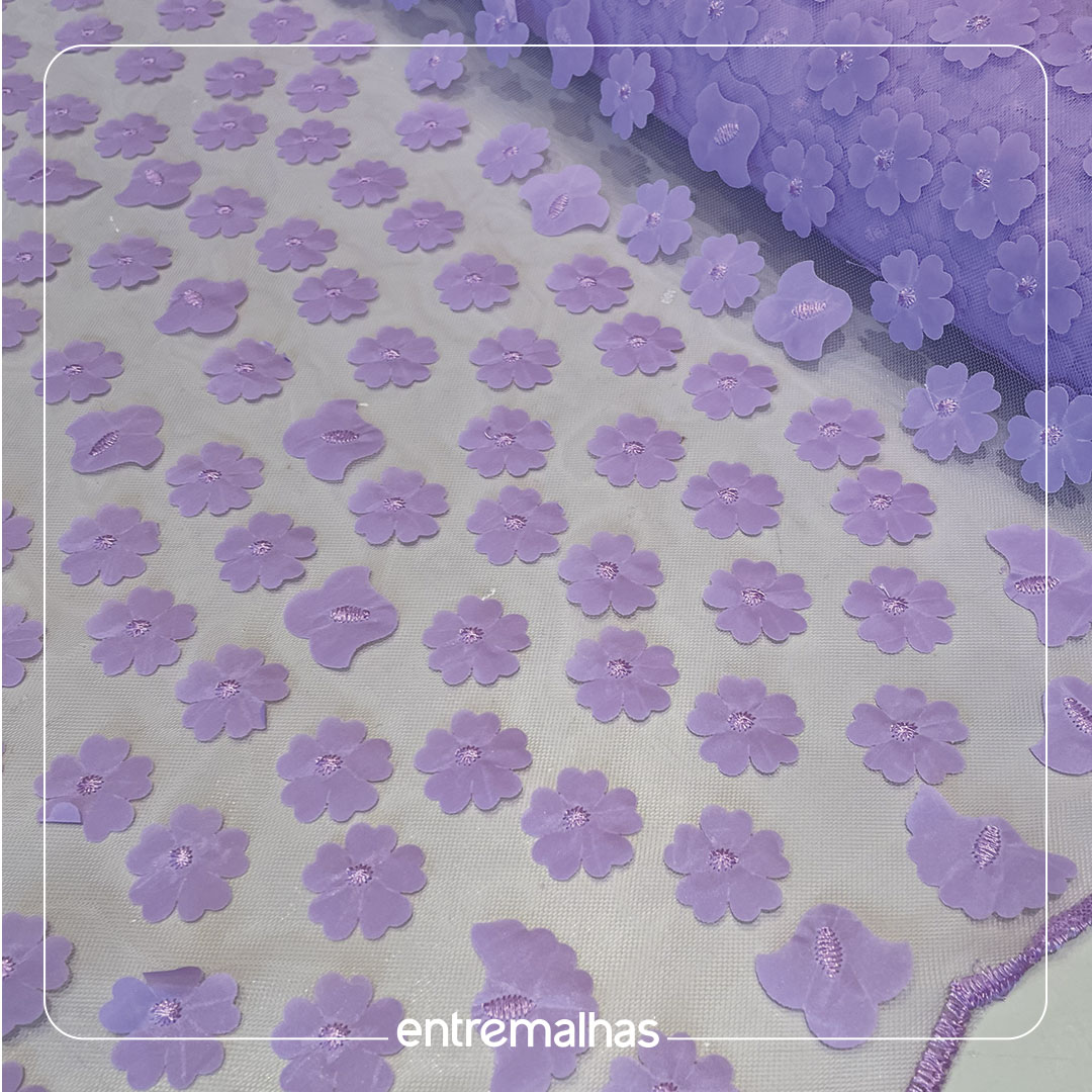 Tecido Renda Tule Roxo 3D - Ref.: 814035