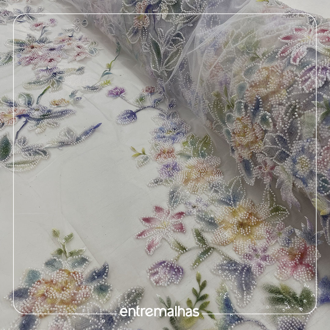 Renda Tule Bordado HZ- Branco Floral Ref.: 814249