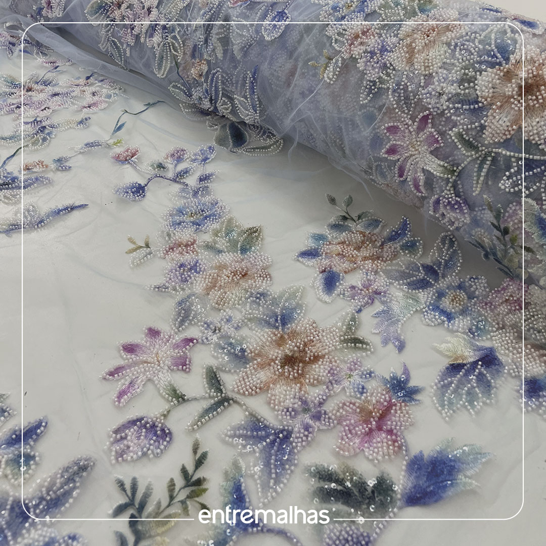 Renda Tule Bordado HZ- Azul Floral Ref.: 814249