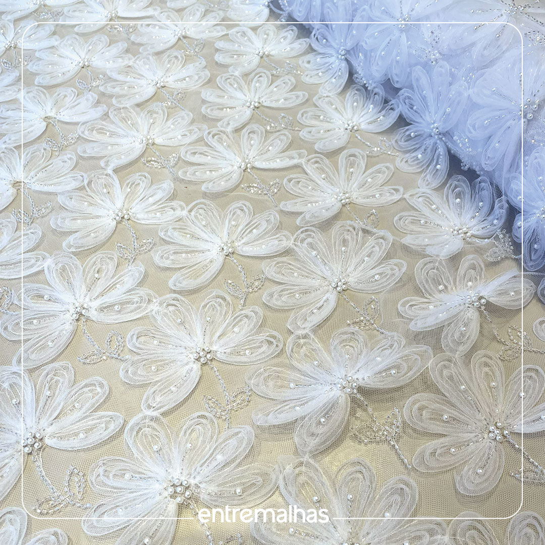 Tecido Renda Tule 3D - Branco Ref.: 814218