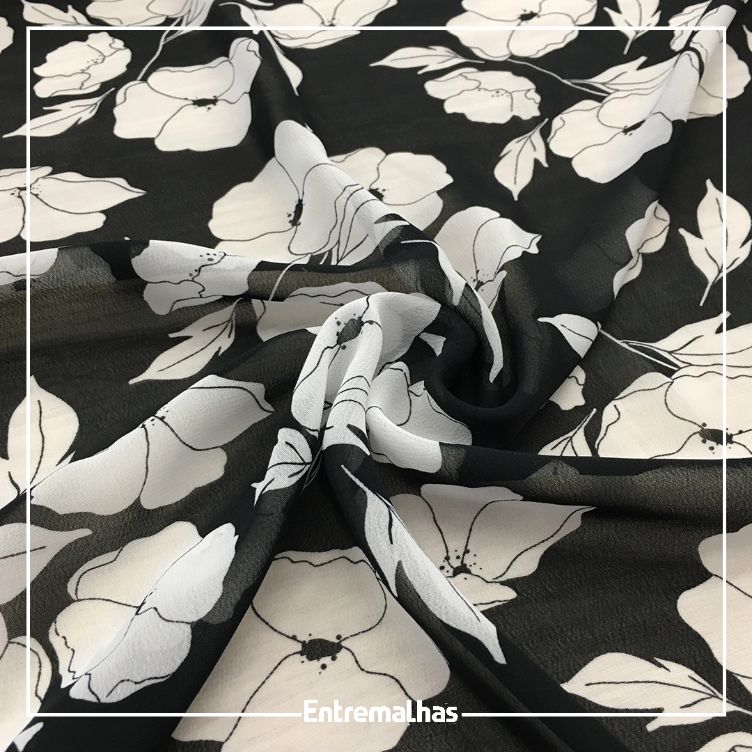 Tecido Crepe Estampado Preto, Folhas I Florais