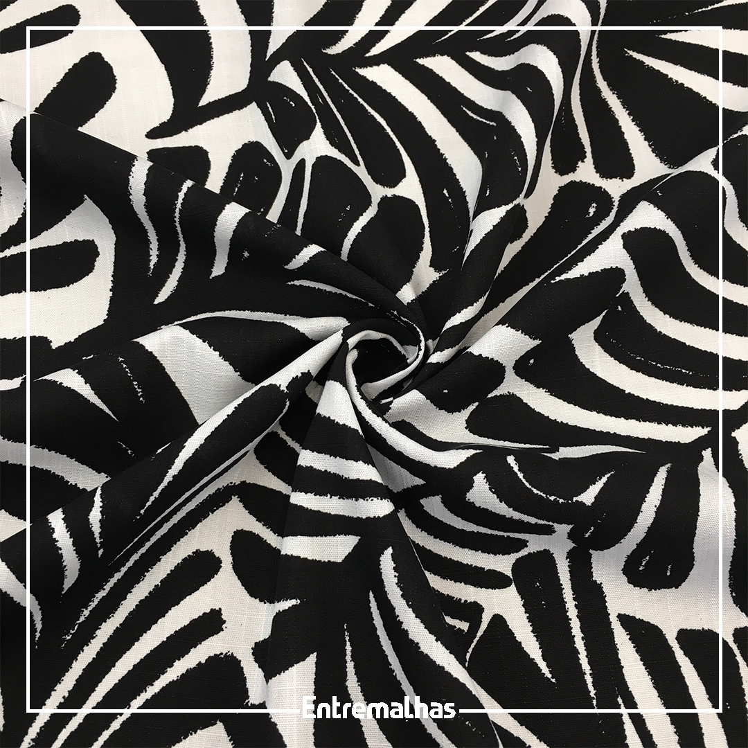 Tecido Viscose Slub Estampado Preto, Folhas I Florais