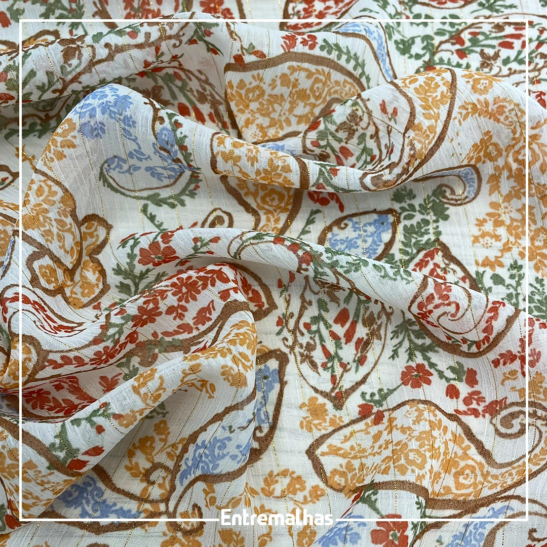 Tecido Crepe Musseline Lurex Estampado Múltiplas Cores, Folhas I Florais