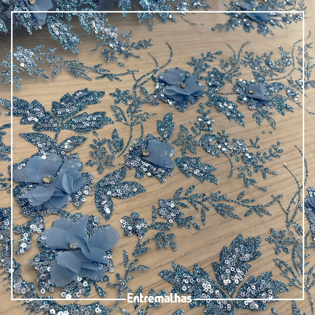 Tecido Renda 3D Glitter Azul - Floral