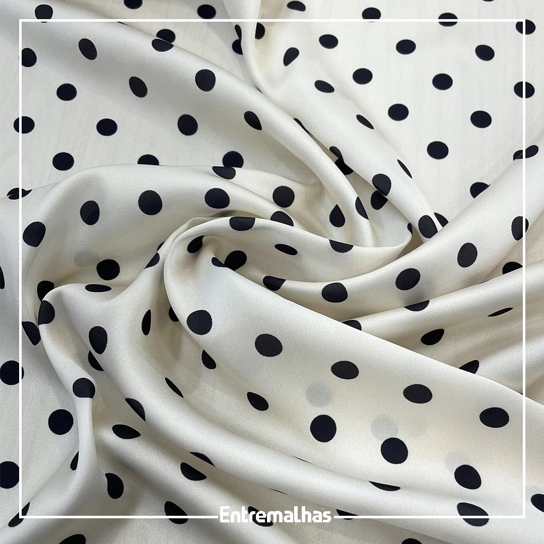 Tecido Chifon Satin Twist Estampado Off-White, Poá