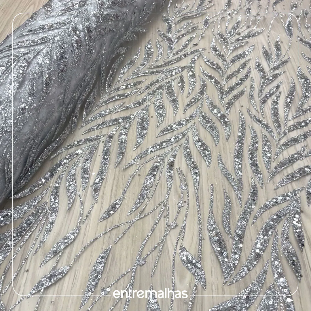 Tecido Tule Glitter Paete Prata - Floral