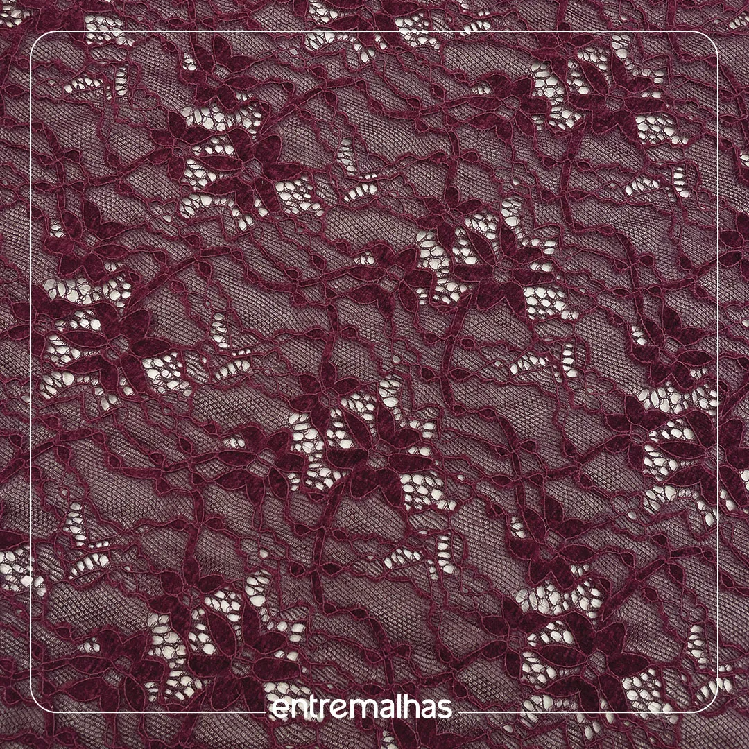 Tecido Renda Chenille Marsala - Floral