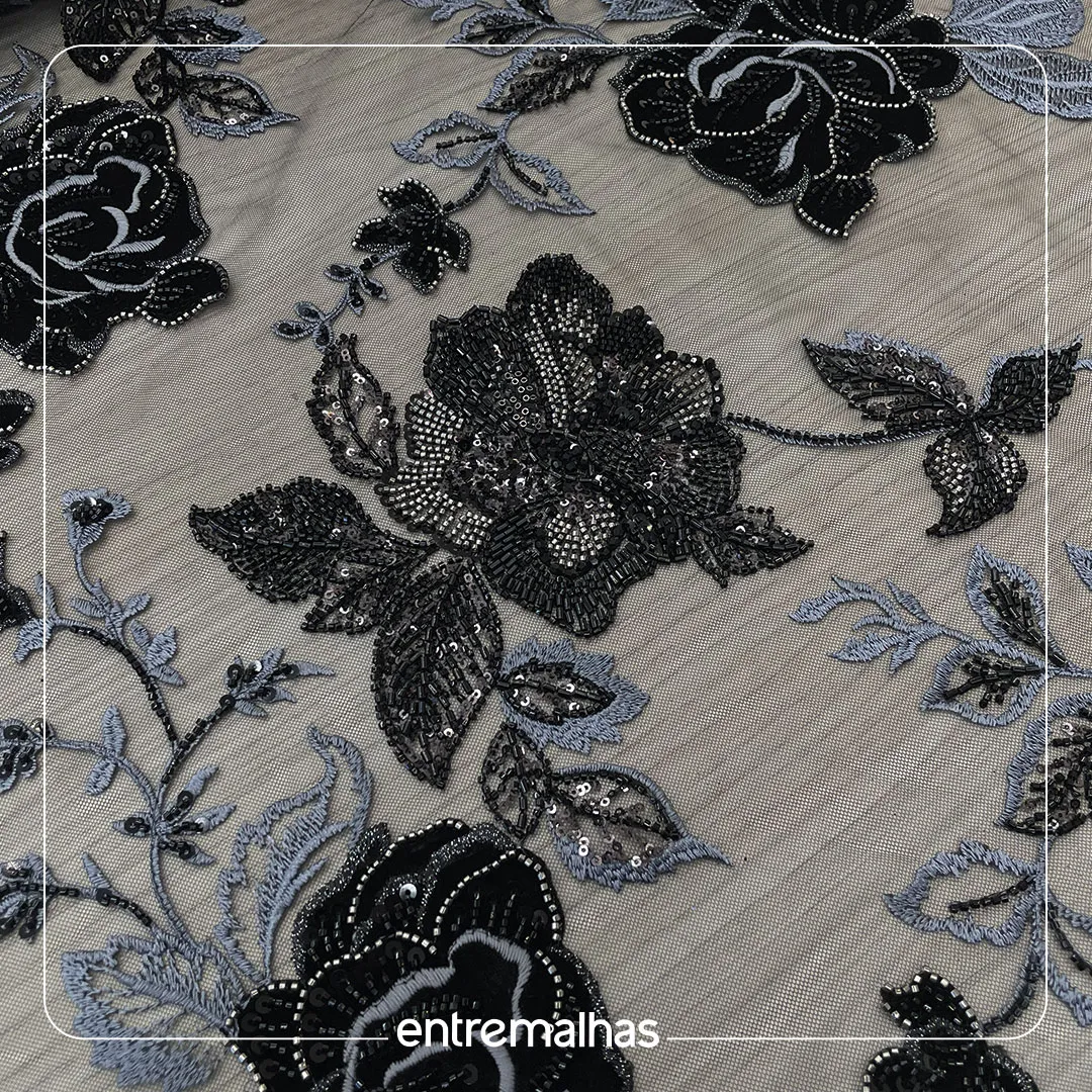 Renda Tule Bordado - Preto